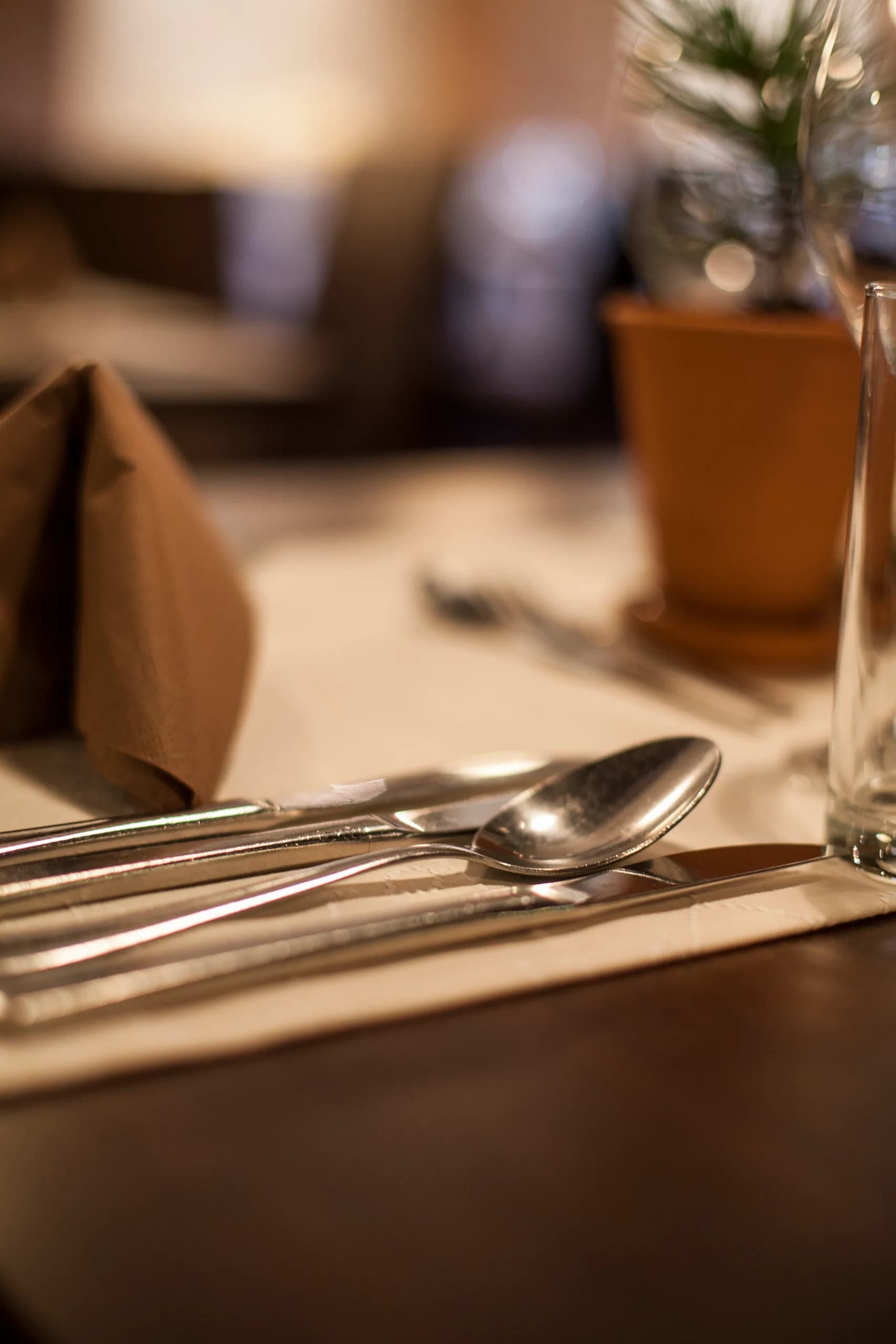 Nahaufnahme einer stilvollen Tischdekoration mit Besteck und Stoffserviette im Restaurant der Natur Residenz Anger Alm